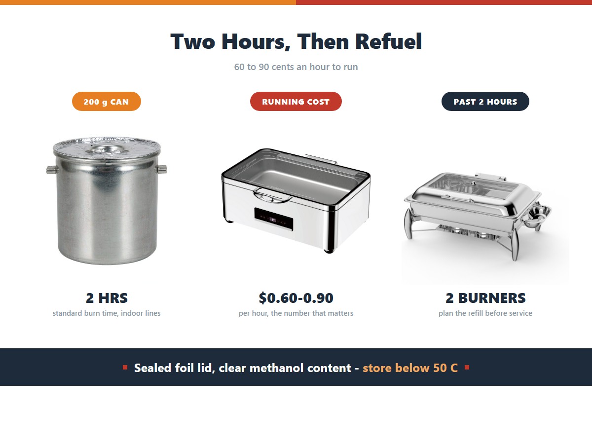 Gel fuel for chafing dishes: a standard 200 gram can burns about two hours at 60 to 90 cents per hour, so plan two burners for any service beyond two hours, choose cans with a sealed foil lid and store them below 50 degrees Celsius