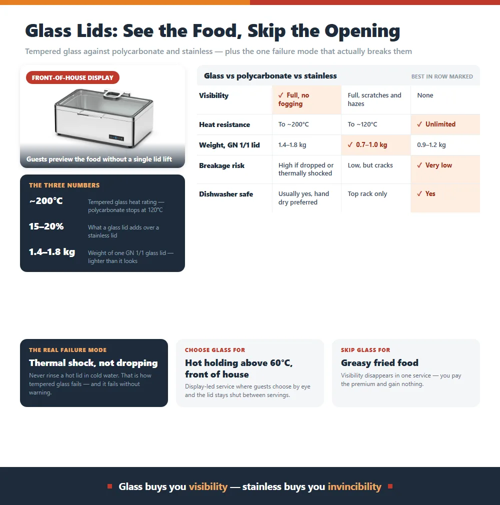 Comparison of tempered glass, polycarbonate and stainless steel chafer lids across visibility, heat resistance, weight, breakage risk and dishwasher safety