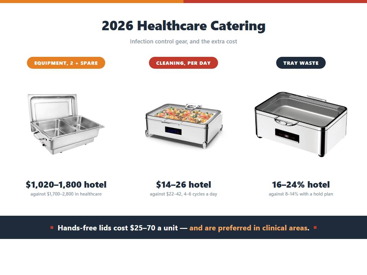 What healthcare catering costs against hotel catering: two units plus a spare costs 1,020 to 1,800 dollars in a hotel against 1,700 to 2,800 in healthcare, daily cleaning costs 14 to 26 dollars against 22 to 42 across four to six cycles, and four-hour tray waste runs 16 to 24 percent in a hotel against 8 to 14 percent with a hold plan