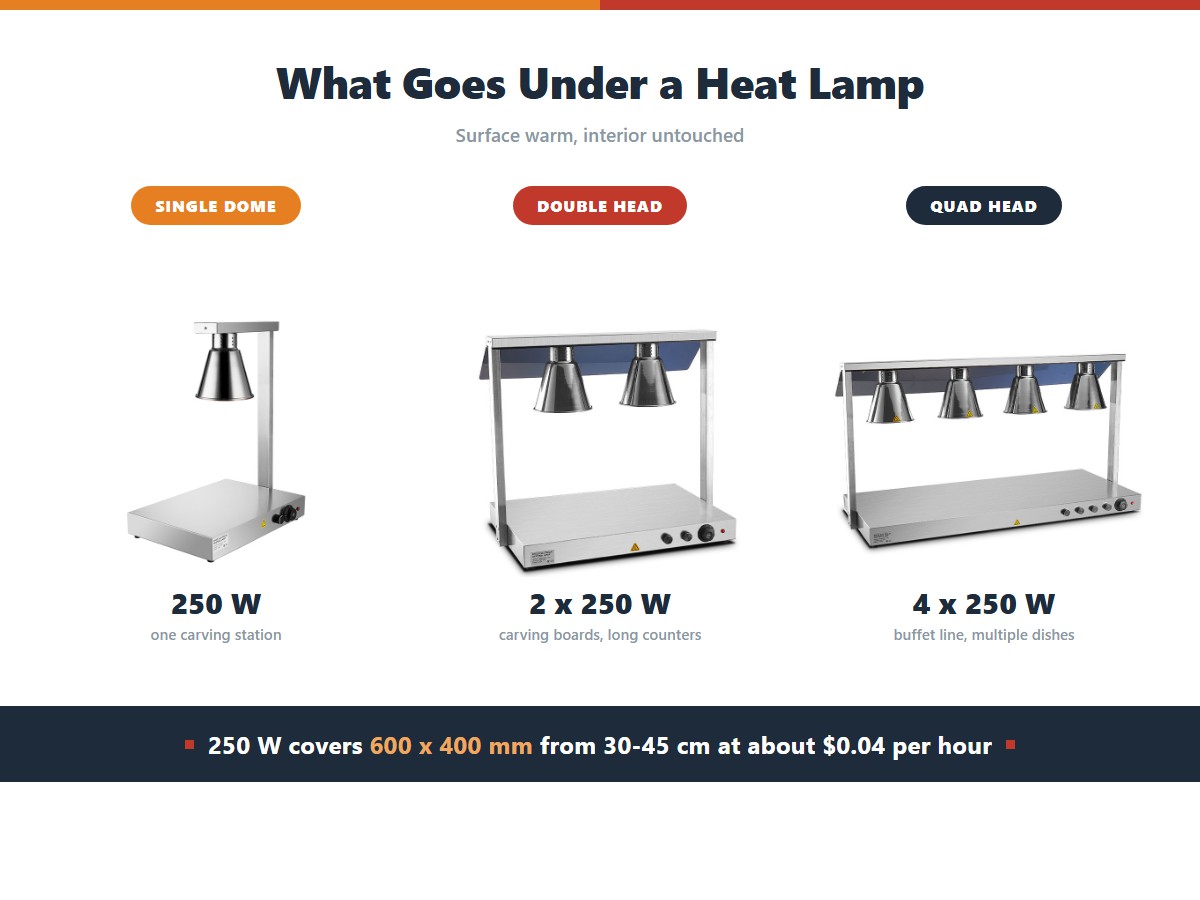 Infrared heat lamp formats: a single dome 250 watt lamp for one carving station, a double head unit for carving boards, and a quad head unit covering a buffet line with multiple dishes