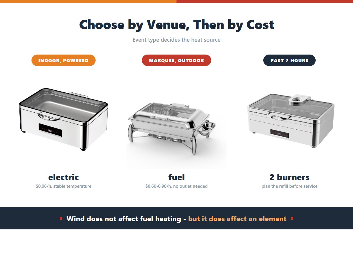 Chafing dish heat source by event type: electric for indoor events with reliable power at six cents per hour, fuel for marquees and outdoor sites at 60 to 90 cents per hour, and two burners planned for any service beyond two hours