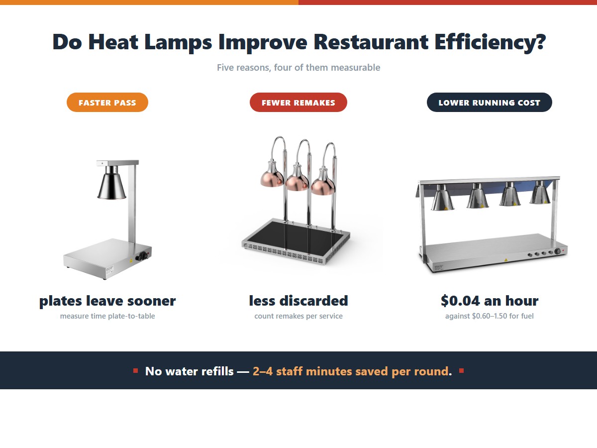 Four measurable ways heat lamps improve restaurant efficiency: plates leave the pass sooner so fewer cold plates go out, fewer remakes means less food discarded from cold plates, running cost is about 4 cents an hour against 60 cents to 1.50 dollars for fuel chafers, and there are no water refills saving two to four staff minutes per round