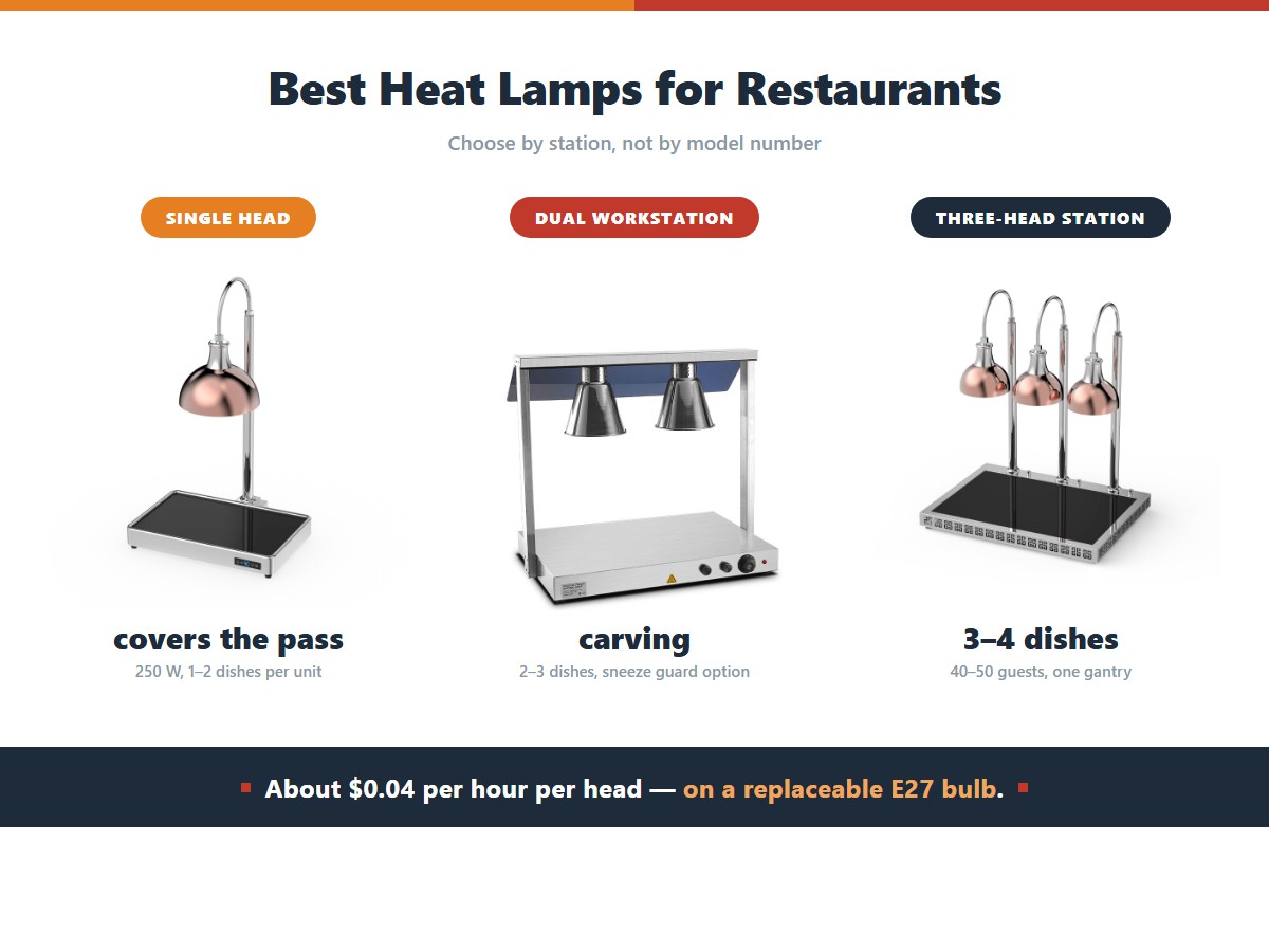 Choosing a restaurant heat lamp by station: a single 250 watt head covers the pass with one to two dishes per unit, a dual workstation suits carving with two to three dishes and an optional sneeze guard, and a three-head station covers three to four dishes for 40 to 50 guests on one gantry, at about 4 cents per hour per head