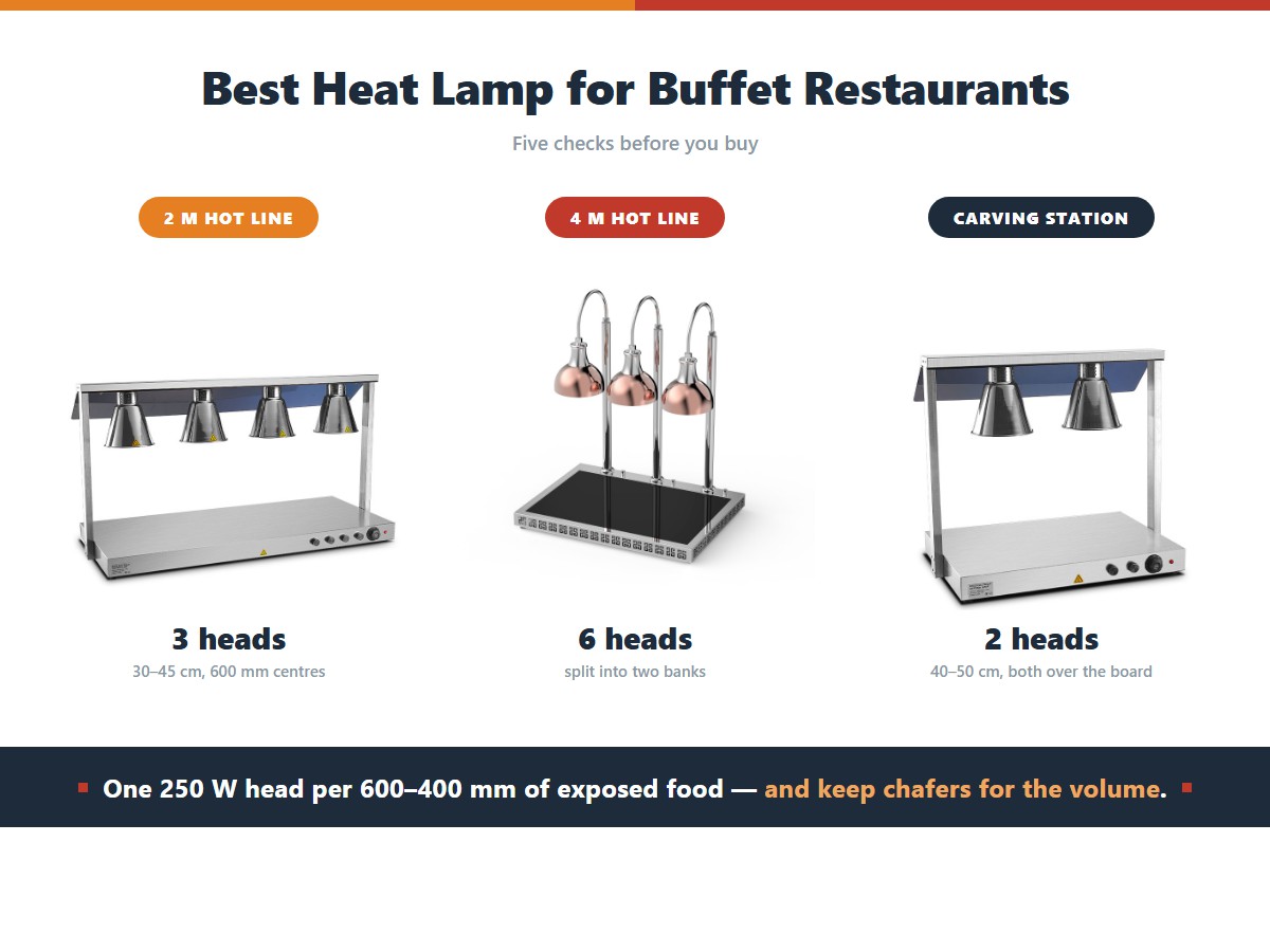 How many heat lamp heads a buffet restaurant needs by line type: a two metre hot line needs three heads at 30 to 45 centimetres on 600 millimetre centres, a four metre hot line needs six heads split into two banks, and a carving station needs two heads at 40 to 50 centimetres both over the board, with one 250 watt head per 600 to 400 millimetres of exposed food