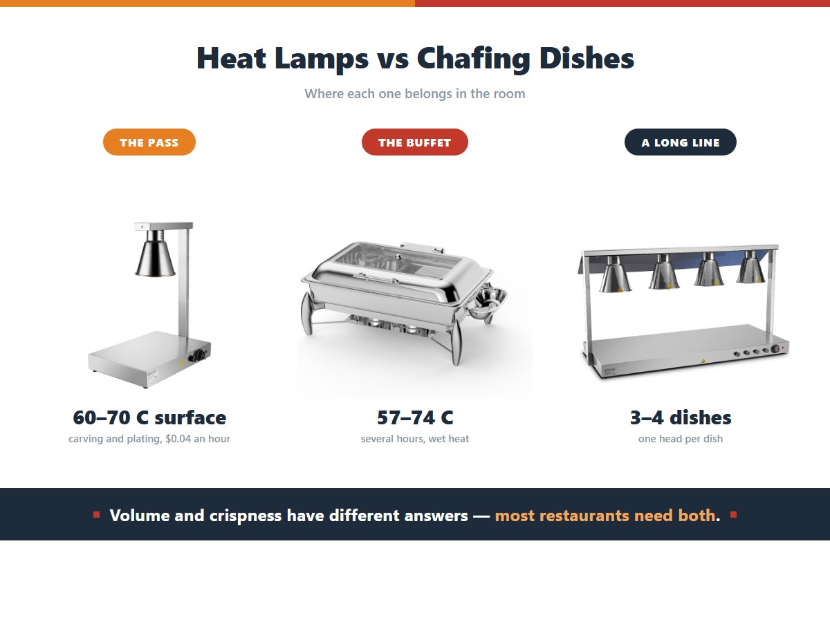Where heat lamps and chafing dishes each belong in a restaurant: a heat lamp covers the pass and carving at a 60 to 70 degree surface for about 4 cents an hour, a chafing dish covers the buffet at 57 to 74 degrees for several hours of wet heat, and a long line needs one lamp head per dish across three or four dishes
