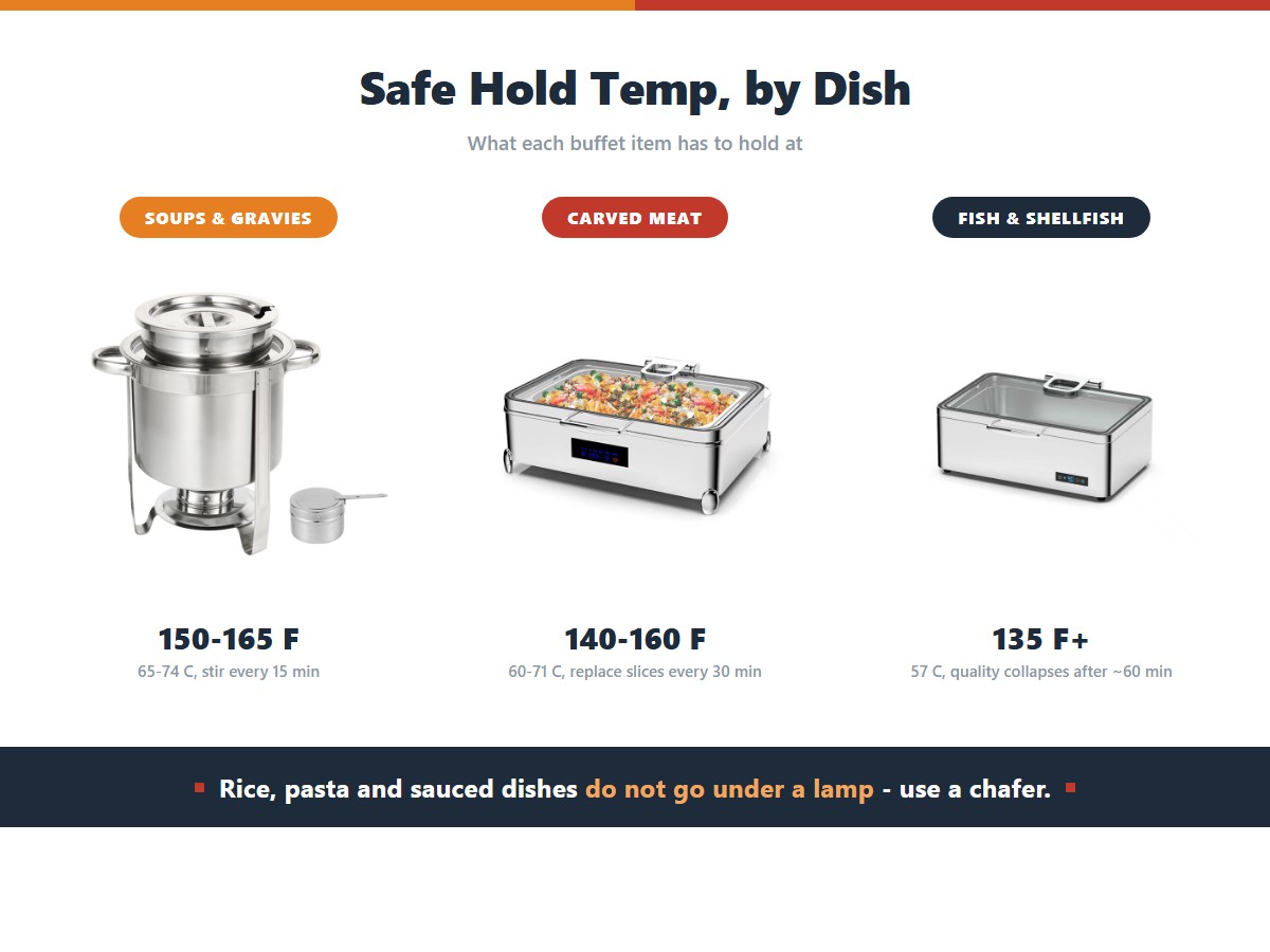 Three buffet dishes with their safe holding temperatures: soups and gravies at 150-165 F stirred every fifteen minutes, carved meat at 140-160 F with slices replaced every thirty minutes, and fish at 135 F or above where quality collapses after about an hour