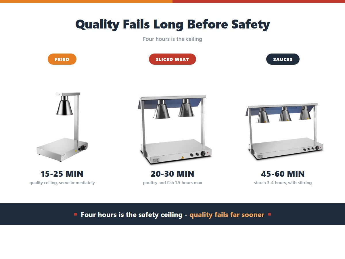 How long food stays good under a heat lamp: fried food at 15 to 25 minutes, sliced meat at 20 to 30 minutes, sauces at 45 to 60 minutes and starches at 3 to 4 hours, against a four-hour safety ceiling without temperature control
