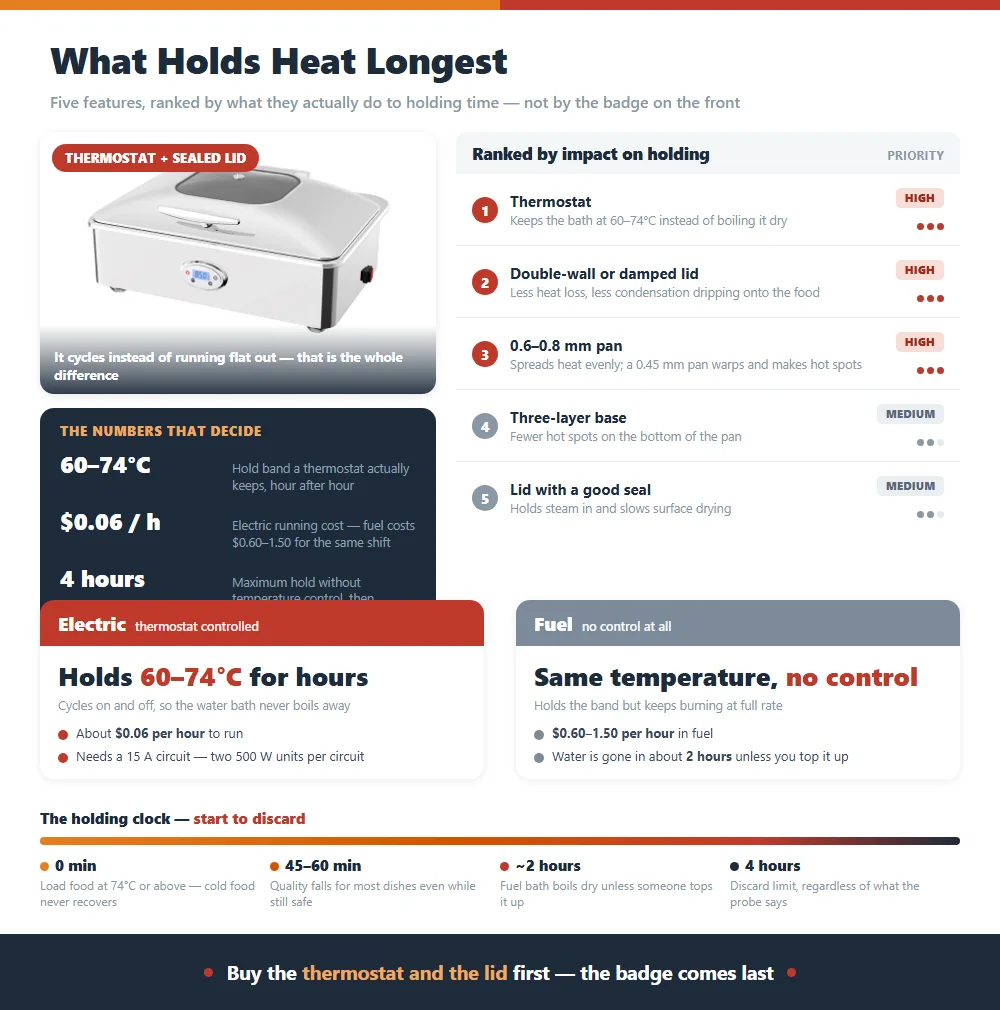 Ranked list of the five chafer features that decide holding time, with electric versus fuel running cost and the four-hour discard clock