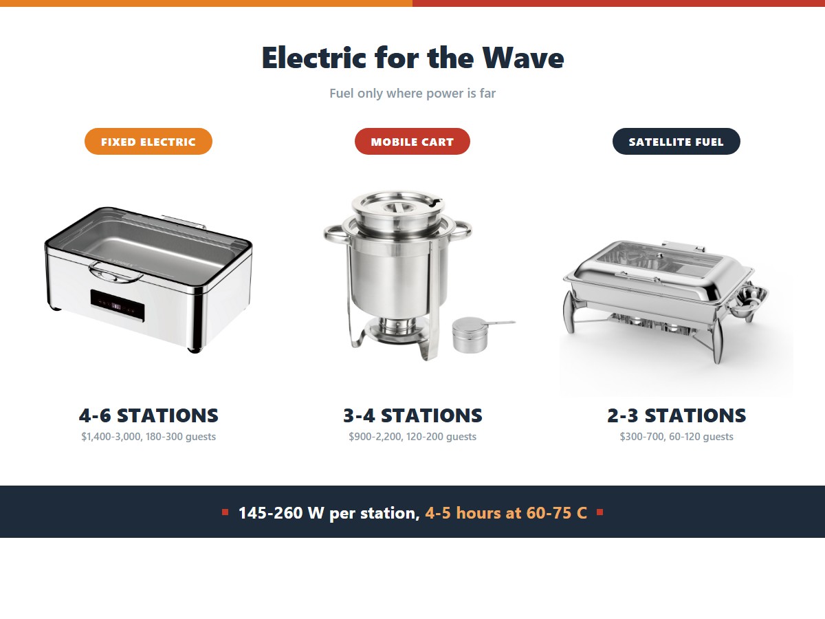 Commercial buffet warmers for hotels: a fixed electric line of 4 to 6 stations costs 1,400 to 3,000 dollars and holds 180 to 300 guests, a mobile electric cart of 3 to 4 stations costs 900 to 2,200 dollars, and satellite fuel units cost 300 to 700 dollars for pool decks and lounges without power