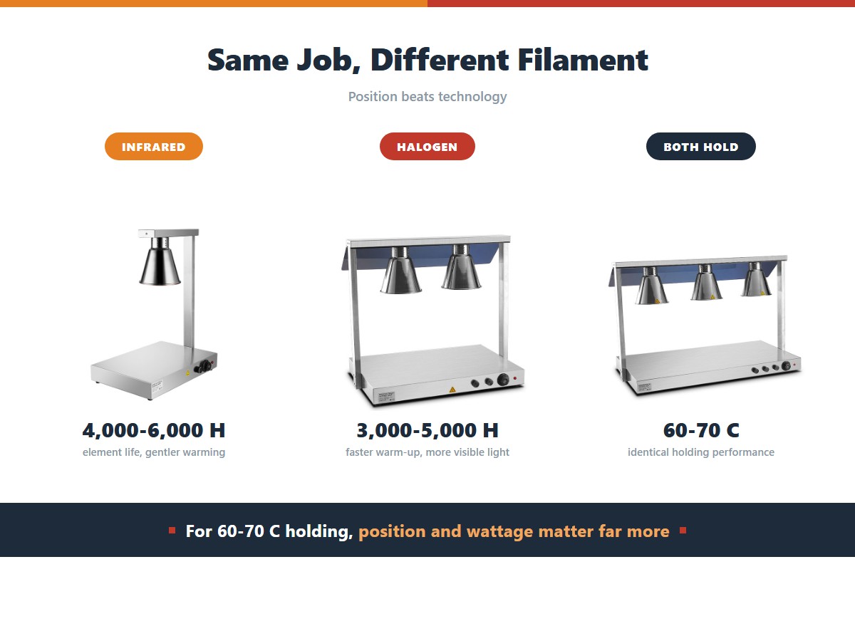 Infrared versus halogen food heat lamps: infrared gives 4,000 to 6,000 hours of element life with gentler warming and better moisture retention, halogen warms in seconds but lasts 3,000 to 5,000 hours and wastes more energy as visible light, and both hold at 60 to 70 degrees