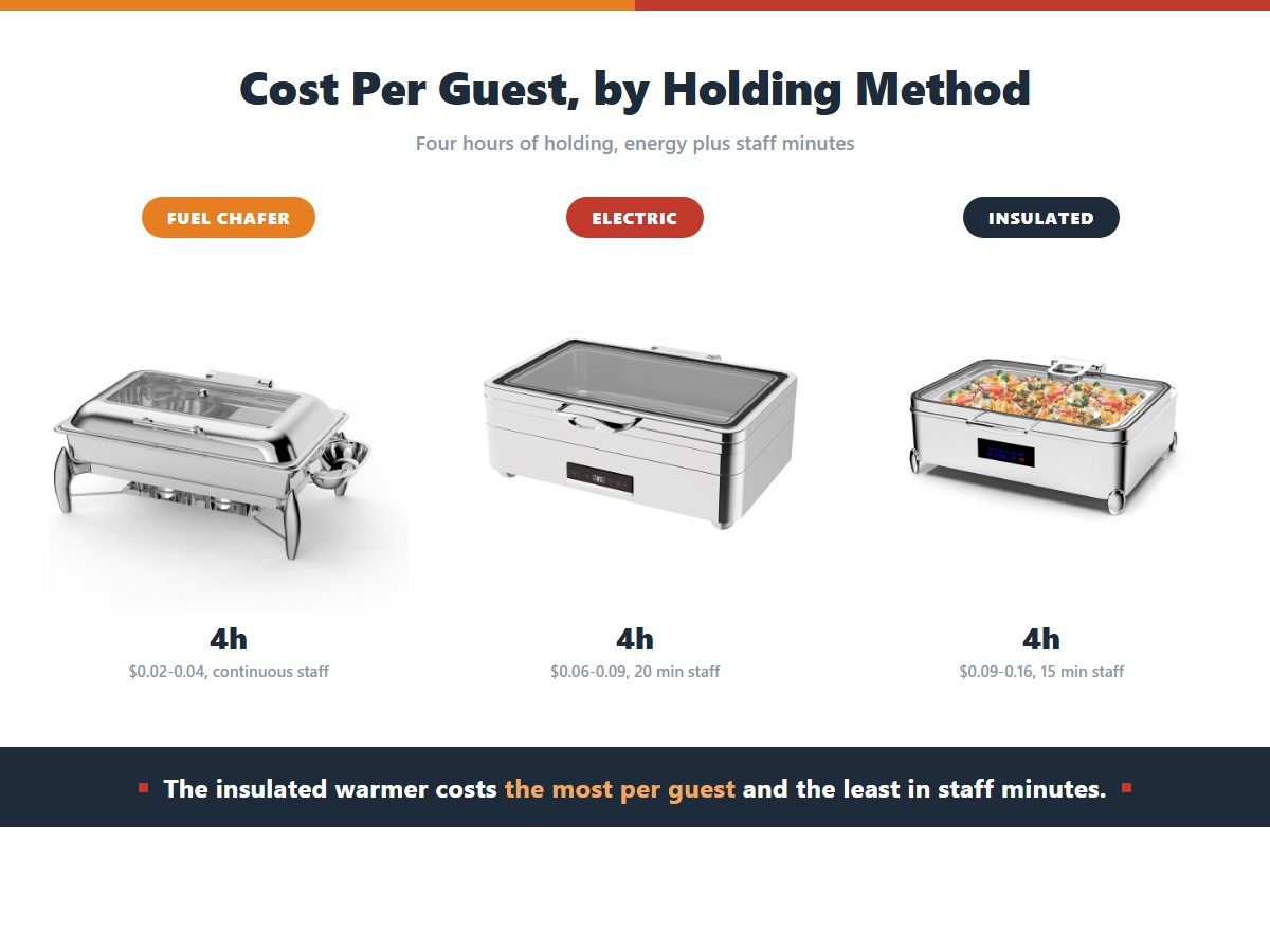 Three food-holding methods compared on cost per guest over four hours: an alcohol fuel chafer at $0.02-0.04 with continuous staff attention, an electric unit at $0.06-0.09 with 20 staff minutes, and a double-wall insulated warmer at $0.09-0.16 with only 15 staff minutes