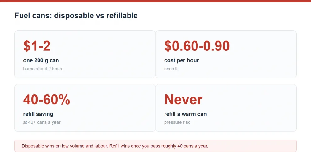 Fuel can comparison: a disposable 200 g can costs $1-2 and burns about 2 hours at $0.60-0.90 an hour, while refilling saves 40-60% at 40+ cans a year