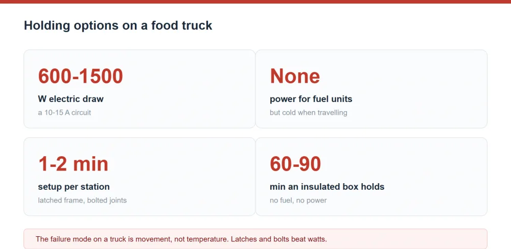 Food truck holding options summary: electric units draw 600-1500 W on a 10-15 A circuit, fuel units need no power, setup takes 1-2 minutes per station and an insulated box holds 60-90 minutes