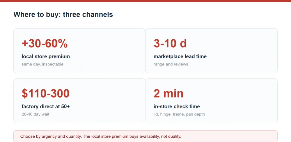 Buying channels summary: local store carries a 30-60% premium for same-day availability, marketplaces ship in 3-10 days and factory direct runs $110-300 at 50+ units with a 20-40 day wait