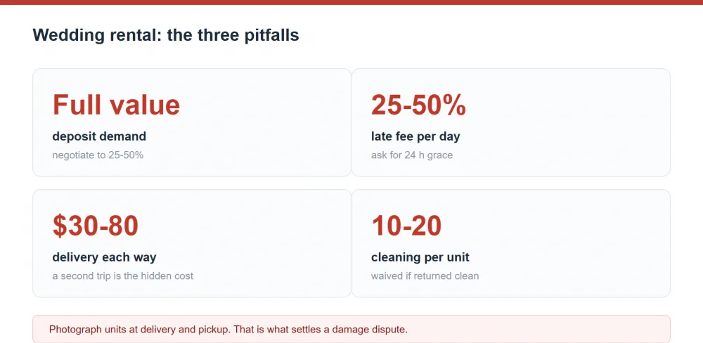 Wedding rental pitfalls summary: a full replacement value deposit, late fees of 25-50% per day, delivery at $30-80 each way and cleaning charges of $10-20 per unit