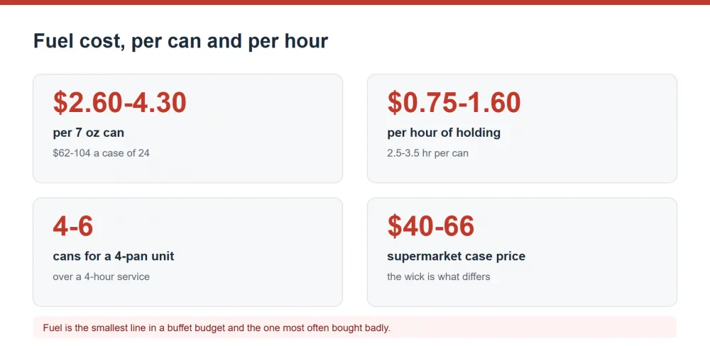Chafing fuel cost per can and per hour of holding