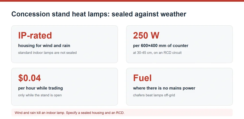 Concession stand heat lamp IP rating, wattage and RCD protection