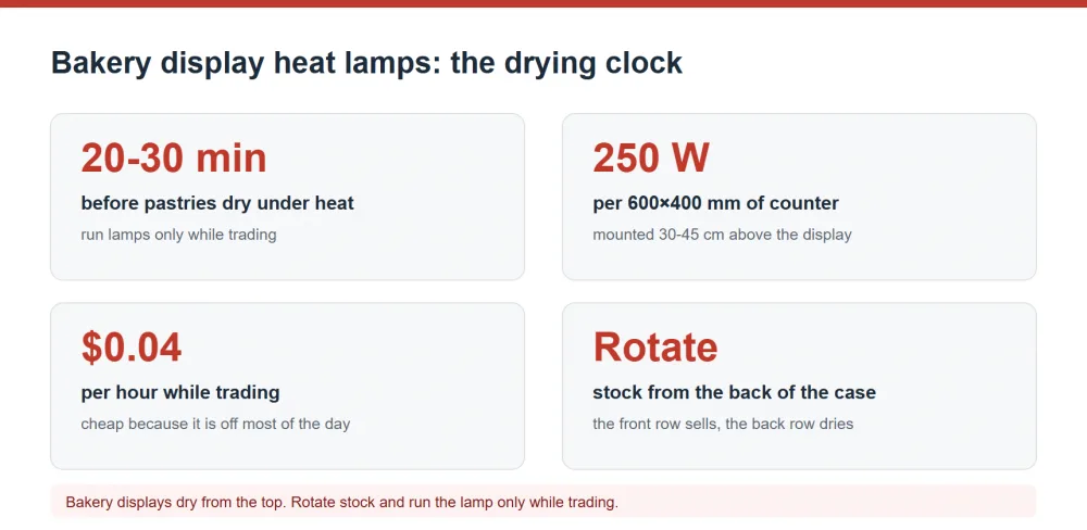 Bakery display heat lamp drying time and stock rotation