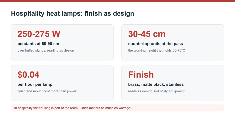 Hospitality heat lamp finishes, pendant height and pass placement