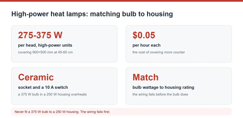 High-power heat lamp wattage, coverage area and housing rating match