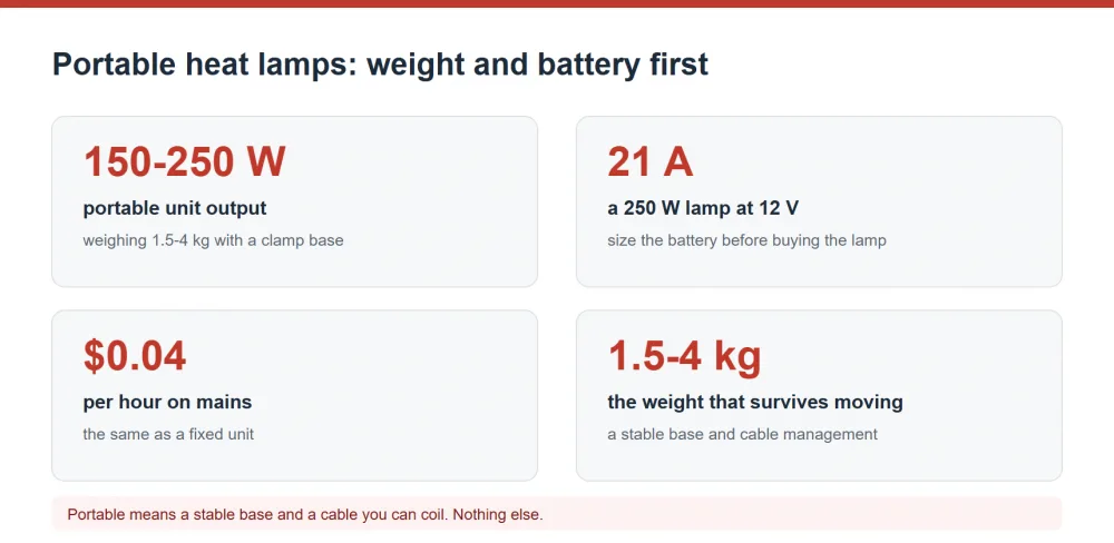 Portable heat lamp weight, output and 12 V battery draw