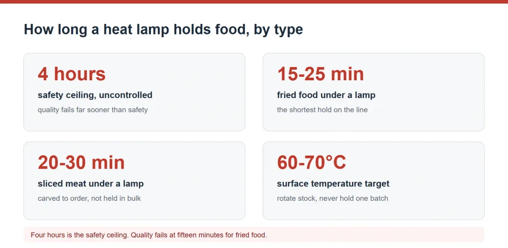 Heat lamp holding time by food type and safety ceiling
