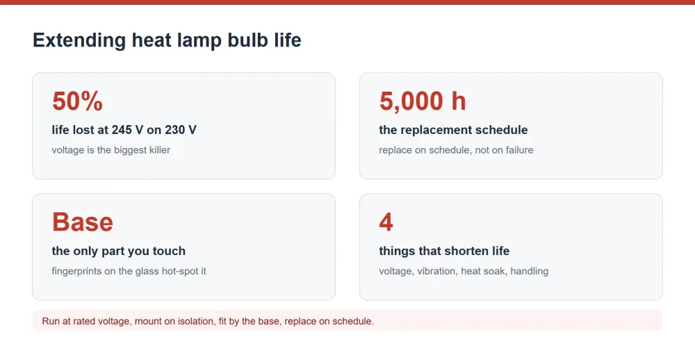 Extending heat lamp bulb life, voltage, handling and schedule