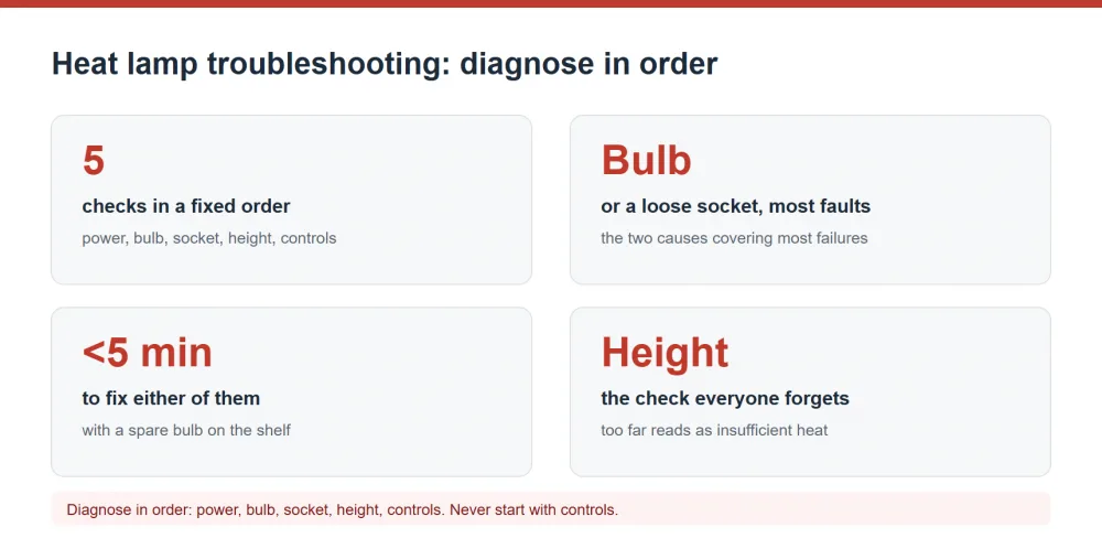 Heat lamp troubleshooting order, power, bulb, socket and height