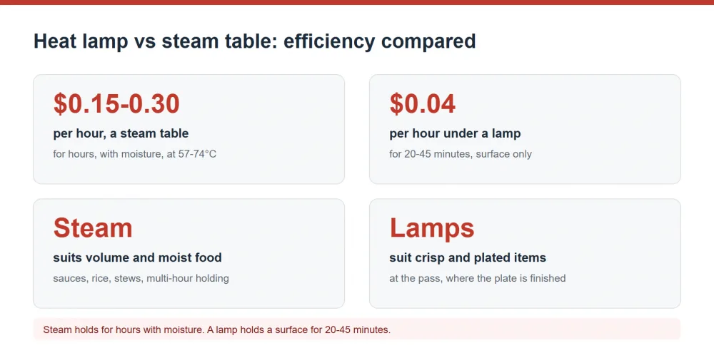 Heat lamp versus steam table efficiency and food suitability