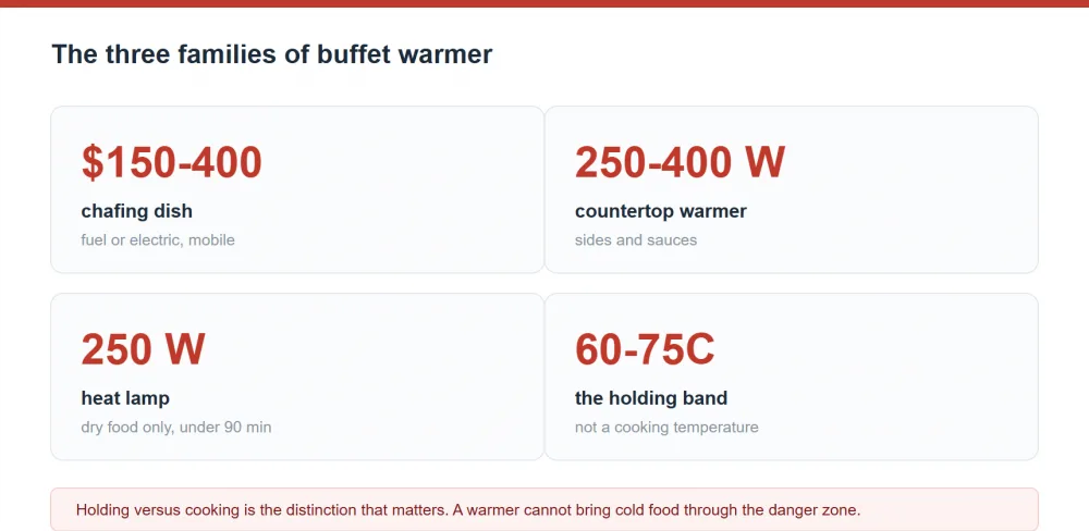 Buffet warmer families summary: chafing dishes at $150-400, countertop warmers at 250-400 W, heat lamps at 250 W and a holding band of 60-75C