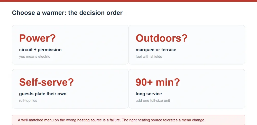 Buffet warmer decision order summary: check power and permission first, then outdoor exposure, then self-service, then service length beyond 90 minutes