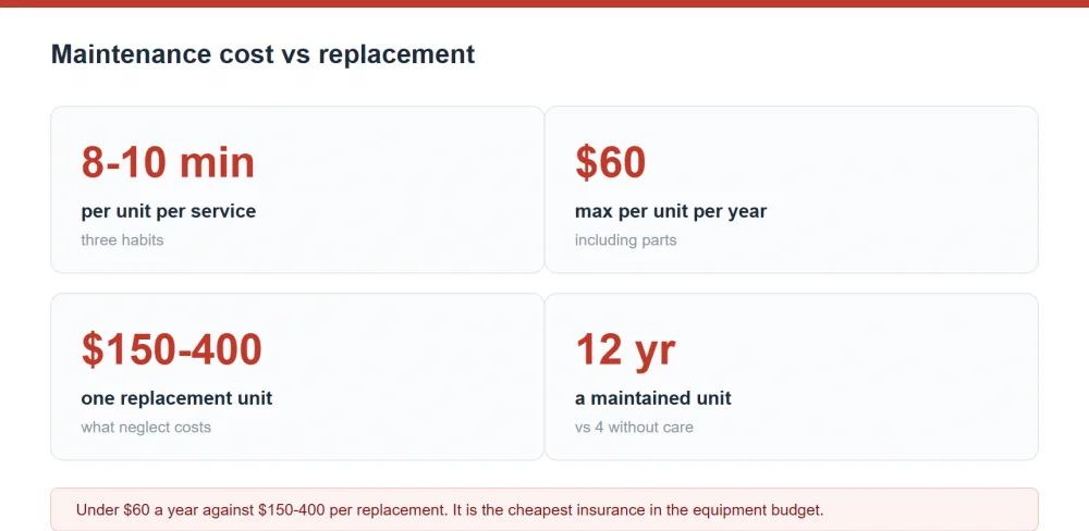 Maintenance cost summary: 8-10 minutes per unit per service, under $60 per unit per year including parts, against $150-400 for one replacement