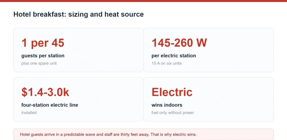 Hotel breakfast buffet warmer configurations and electric versus fuel comparison