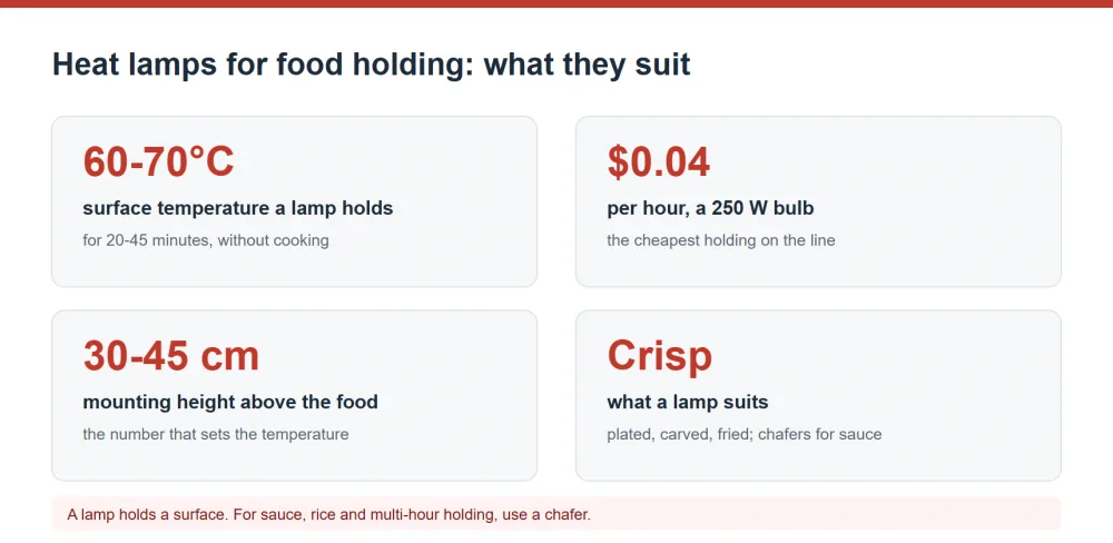Heat lamp food holding temperature, duration and cost per hour