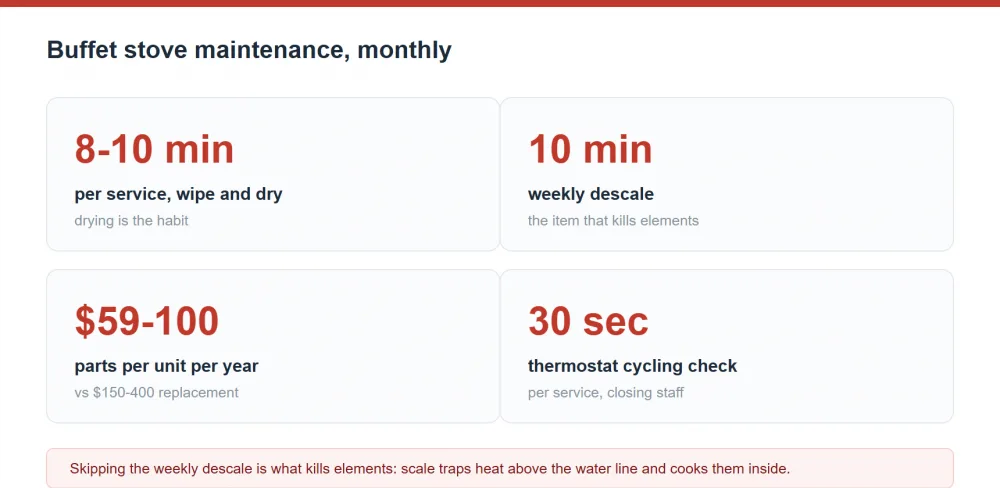 Buffet stove monthly maintenance checklist and annual parts cost