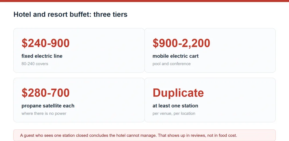 Three tiers of hotel and resort buffet equipment