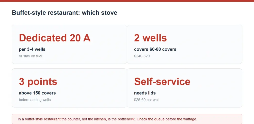Buffet-style restaurant stove selection: capacity, power and covers per unit