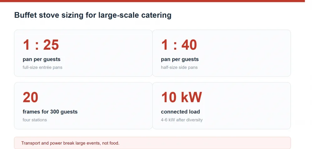 Large-scale catering buffet stove sizing: units needed per guest and per menu