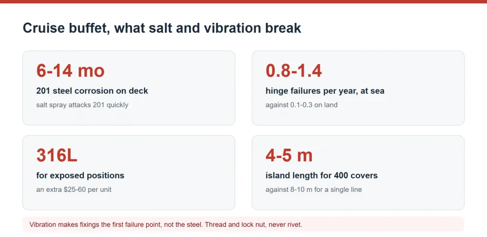 Cruise ship buffet equipment, salt corrosion and vibration failures