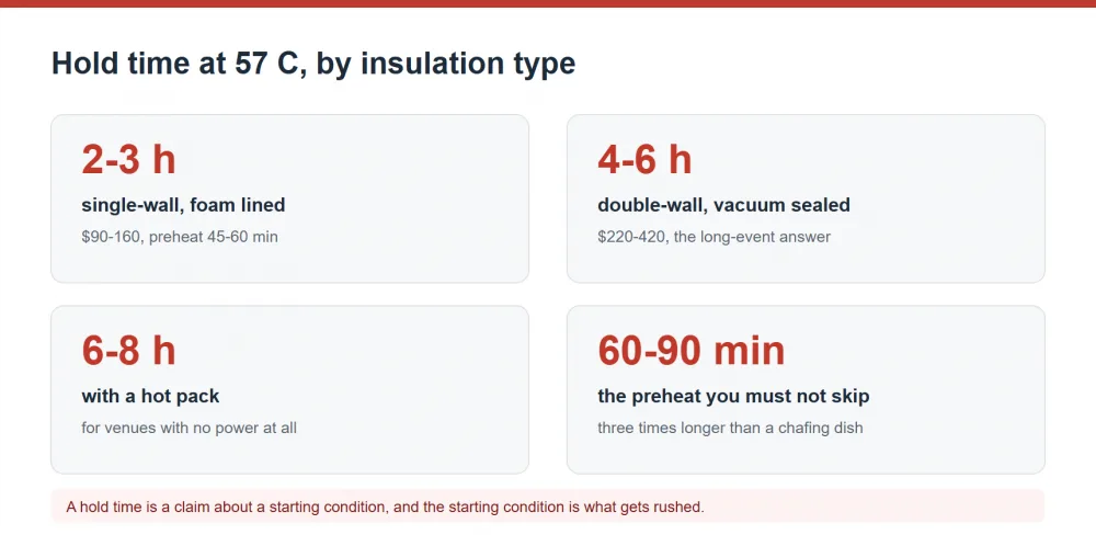 Insulated food warmer hold time at 57 C by insulation type, for long-duration catering