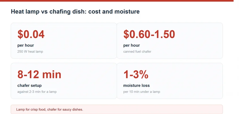 Heat lamp versus chafing dish: running cost, holding quality and which method to choose