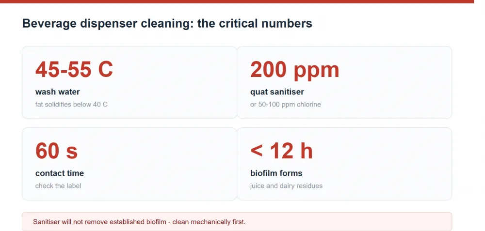 Beverage dispenser cleaning and sanitation checklist: frequency, agents and steps