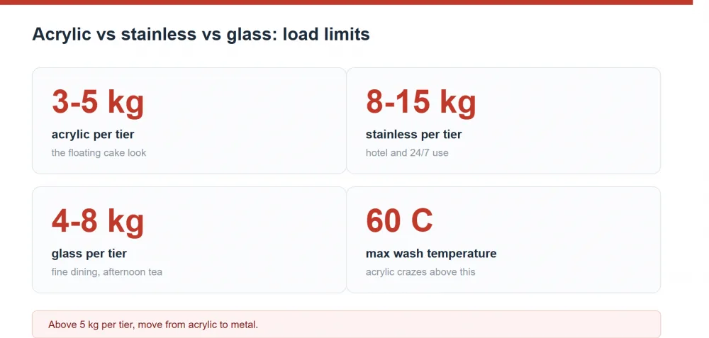 Cake stand materials compared: acrylic versus stainless steel versus glass on cost, weight and look
