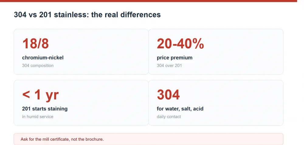 304 versus 201 stainless steel: alloy composition, corrosion resistance and price for buffet equipment