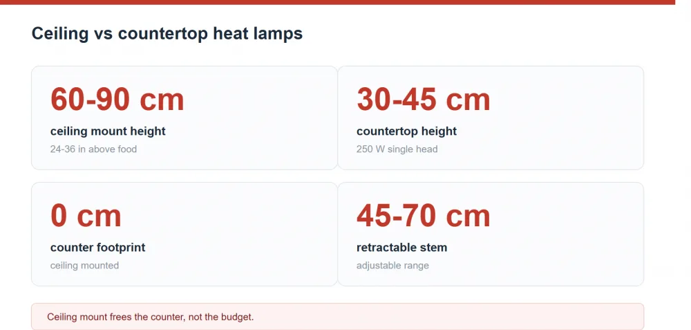 Ceiling-mounted versus countertop food heat lamps: installation, safety and reach