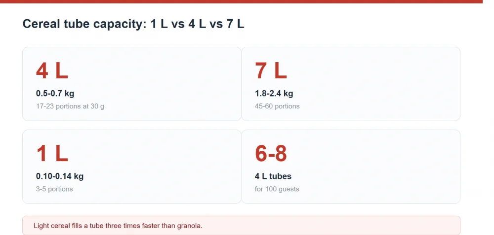 Cereal dispenser capacity guide: 1L versus 4L versus 7L for hotel buffets