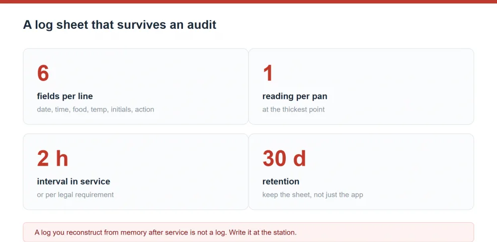 Buffet temperature log template summary: 6 fields per line, 1 reading per pan, 2 hour interval in service, 30 day retention