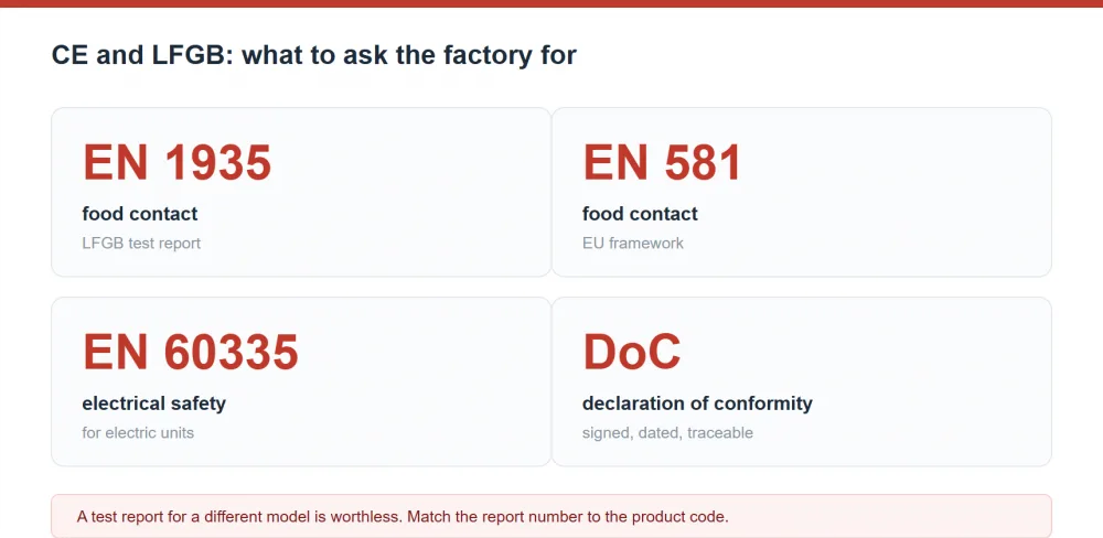 CE and LFGB import documentation: EN 1935 and EN 581 food contact, EN 60335 electrical safety, signed Declaration of Conformity