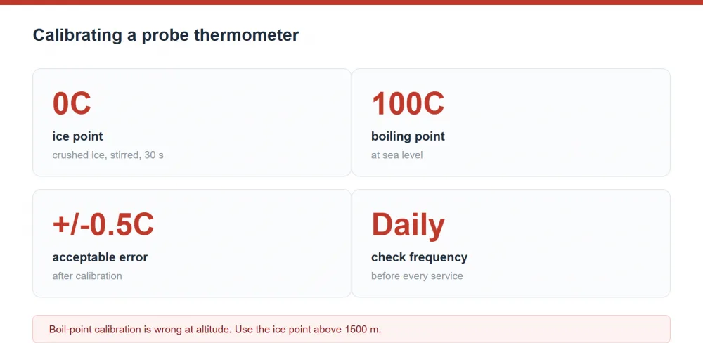 Probe thermometer calibration: ice point 0C, boiling point 100C at sea level, acceptable error plus or minus 0.5C, daily check before service