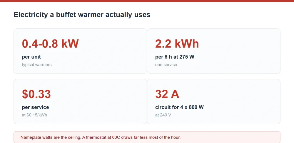 Buffet warmer electricity: 0.4-0.8 kW per unit, 2.2 kWh over 8 hours at 275 W, 33 cents per service at 0.15 per kWh, 32 A for four 800 W units